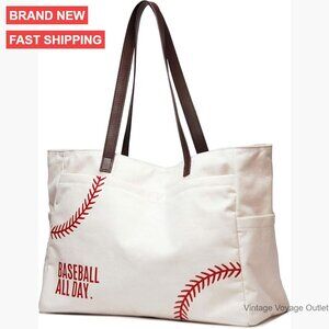 Large Canvas Tote Bag with Baseball Print, Multiple Pockets, Snap Closure